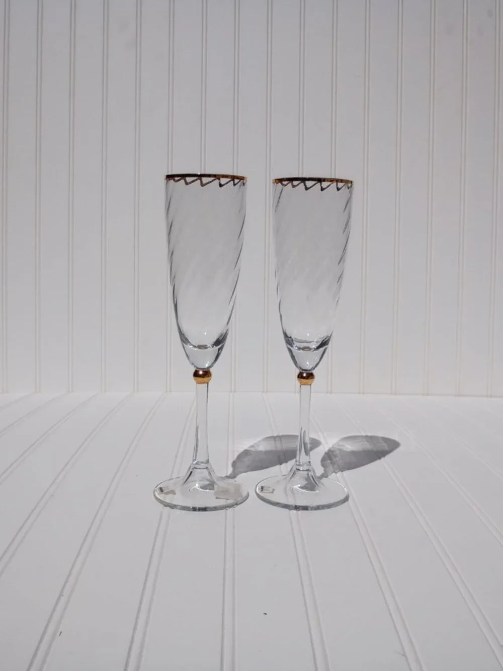 Miller Rogaska Reed & Barton Jubilee Gold Flute Champagne Wine Glasses Set of 2
